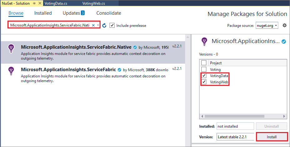 Screenshot that shows the Application Insights SDK in NuGet.