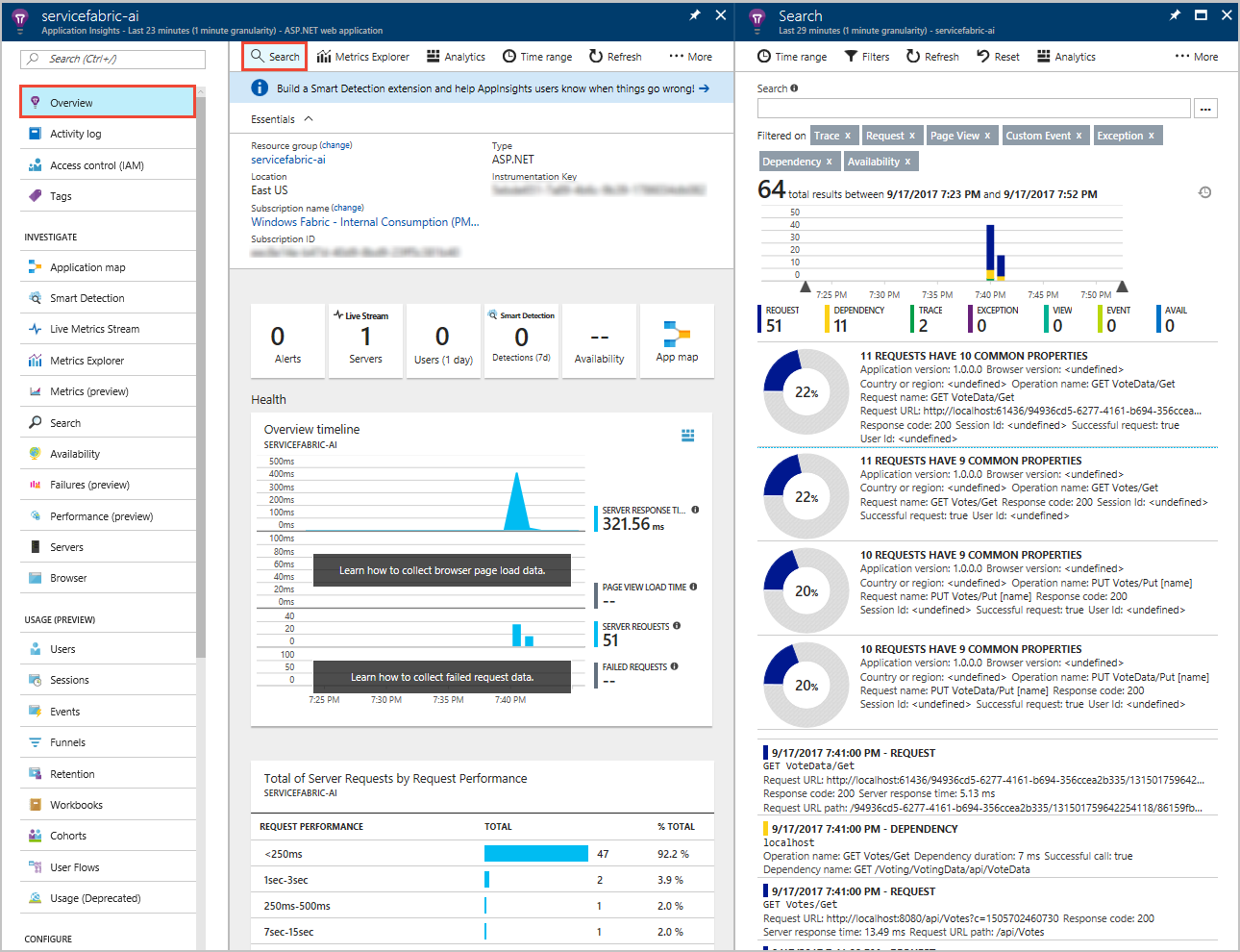 Screenshot that shows the Application Insights see traces view.