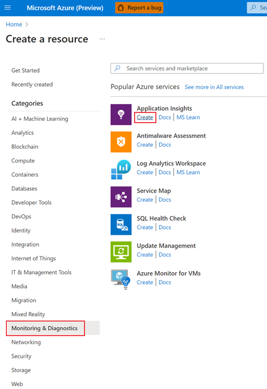 Screenshot that shows you how to create a new Application Insights resource.