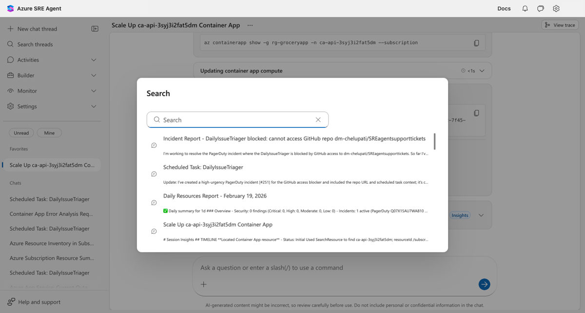Screenshot of search dialog showing thread results with title, thread ID, and last message preview.