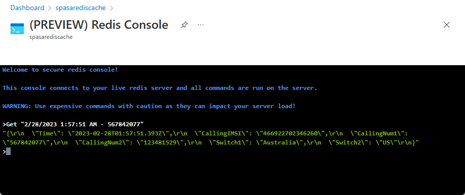 Screenshot showing the Redis Cache console showing the output of the Get command.