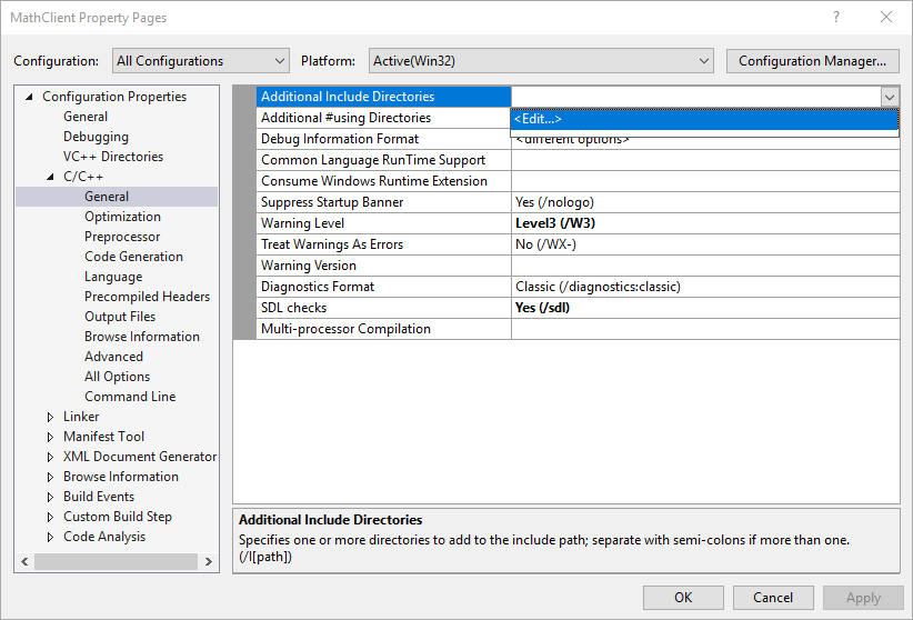 Screenshot of the Property Pages dialog showing the Edit command in the Additional Include Directories property dropdown.