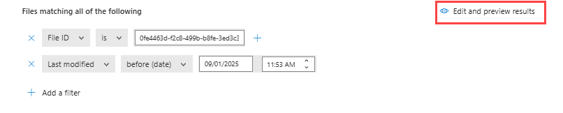 Screenshot that shows how you can see a preview of the filtered results for file policies.