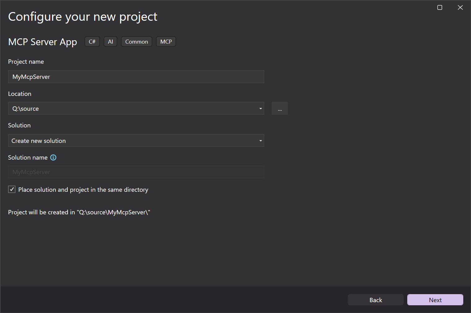 Name your new MCP Server app project in the Configure your new project dialog window