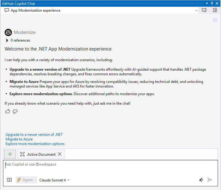 Screenshot that shows the welcome message with migration options.