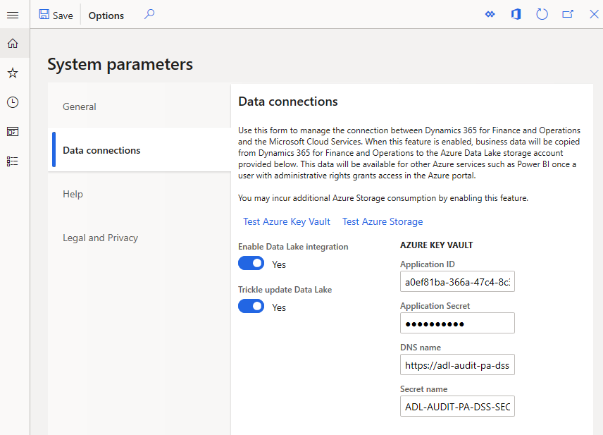 Azure Data Lake Storage'i konfiguratsiooni näide.