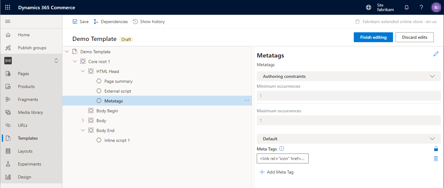 Screenshot of metatags modules in the HTML Head slot of a template.
