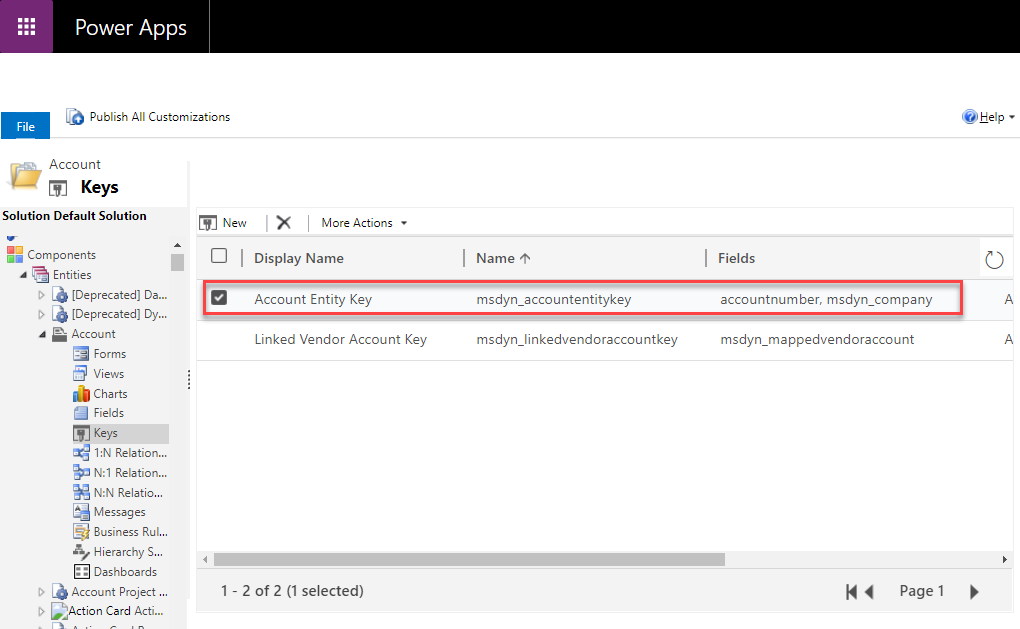 Screenshot of the Account table defined in Dataverse.