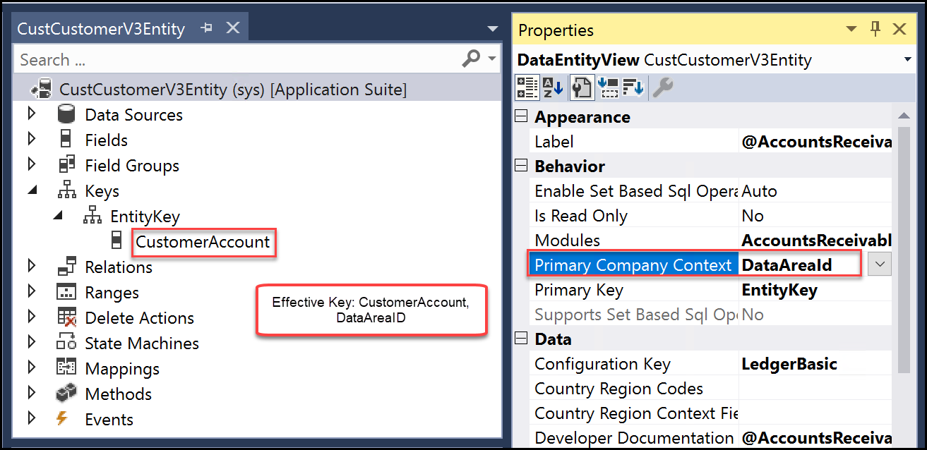 Screenshot of the key for the Account table in a finance and operations app.
