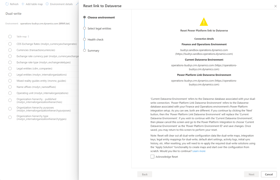 Screenshot of the Choose environment page in the Reset link to Dataverse wizard for scenario 2.