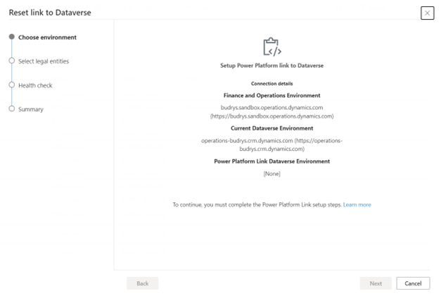 Screenshot of the Choose environment page in the Reset link to Dataverse wizard for scenario 3, informing you that you must set up a Power Platform link to Dataverse.