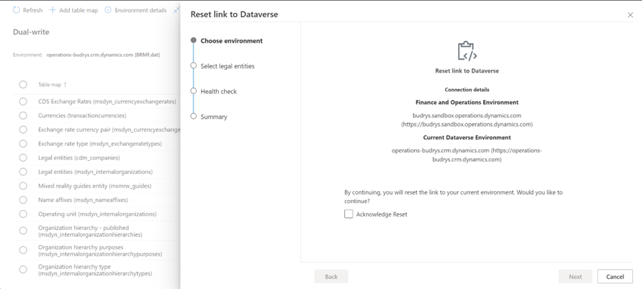 Screenshot of the Choose environment page in the Reset link to Dataverse wizard for scenario 4.