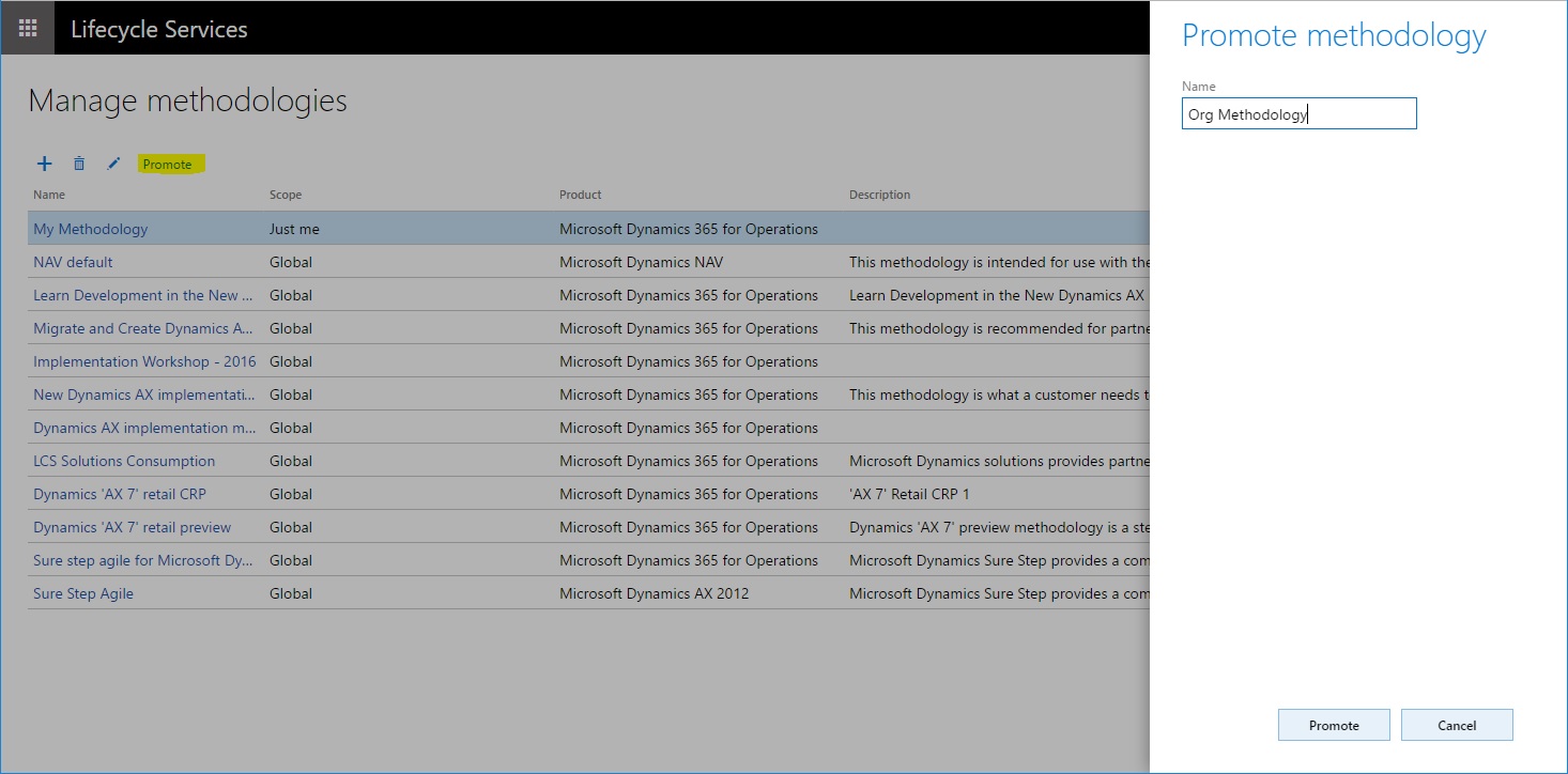 Screenshot of the promote methodology option.