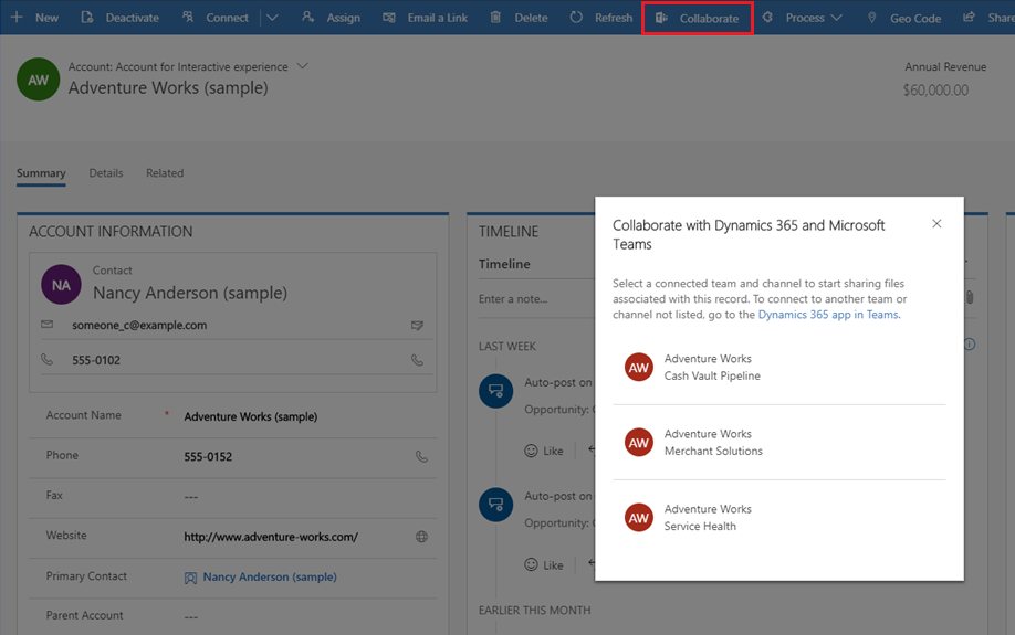 Avage Dynamics 365 rakendustes vestlus Microsoft Teams.