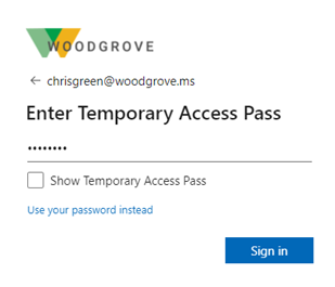 Screenshot of how to enter a Temporary Access Pass.