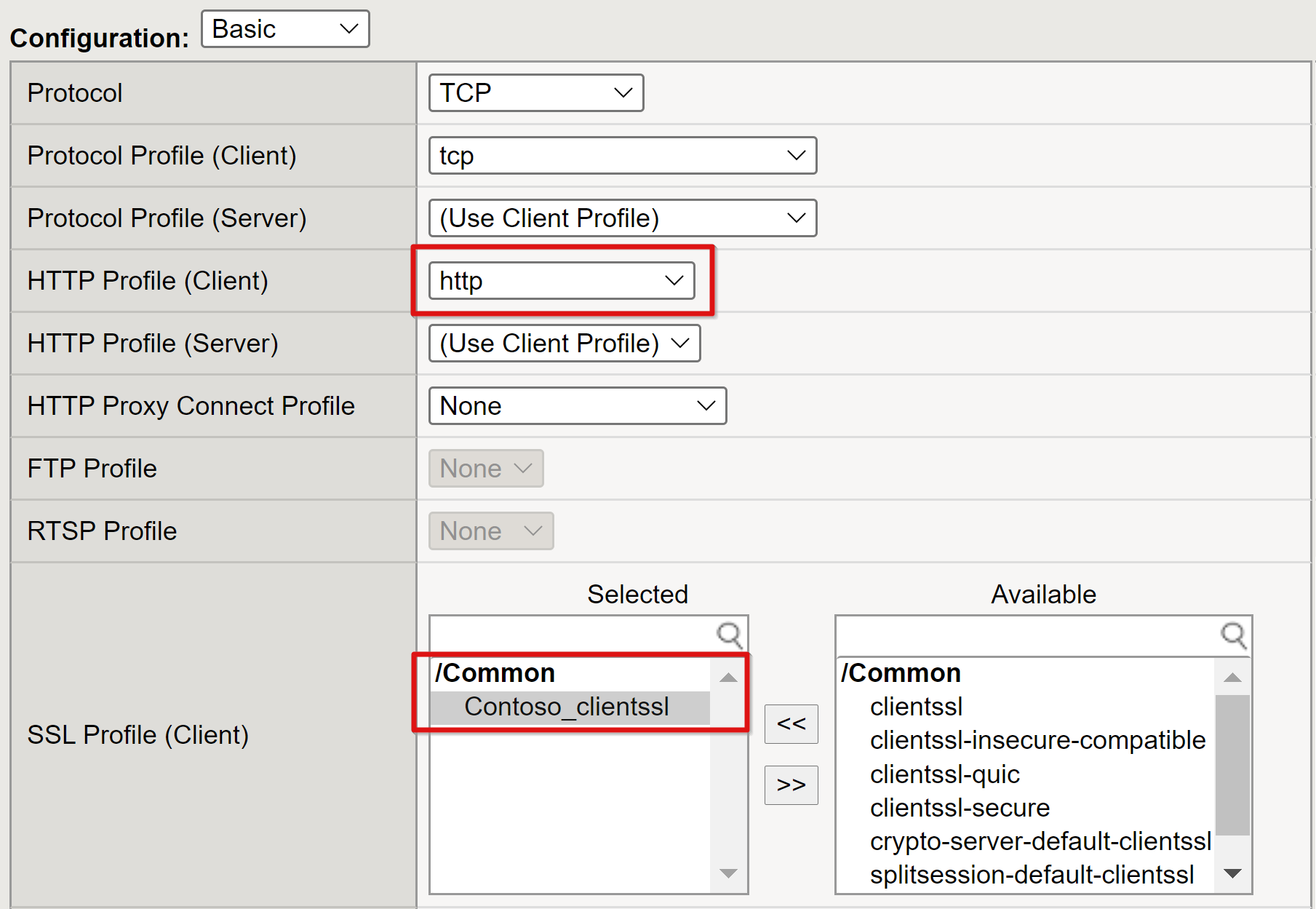 Screenshot of HTTP Profile entry for client, and SSL Profile selected entries for client.