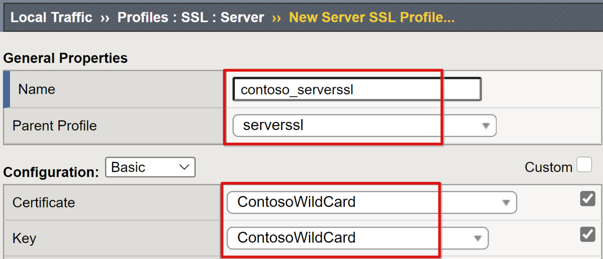 Screenshot of general properties and configuration selections.