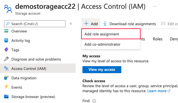 Screenshot showing the add role assignment navigation in the portal.