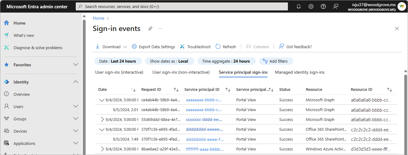 Screenshot of the service principal sign-in log.