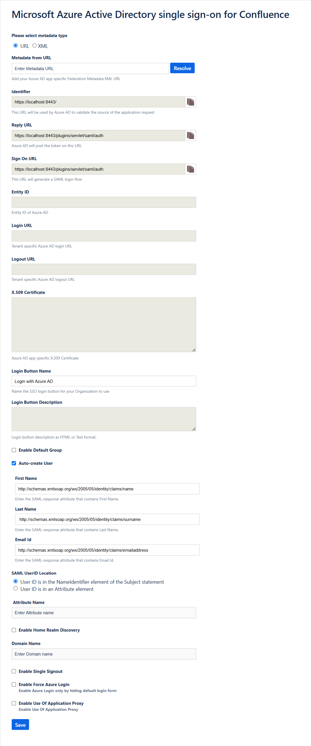 Screenshot that shows the single sign-on configuration page.