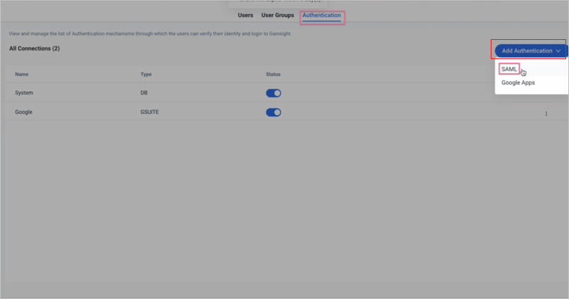Authentication Page Screenshot shows the Gainsight User Management Authentication Page.