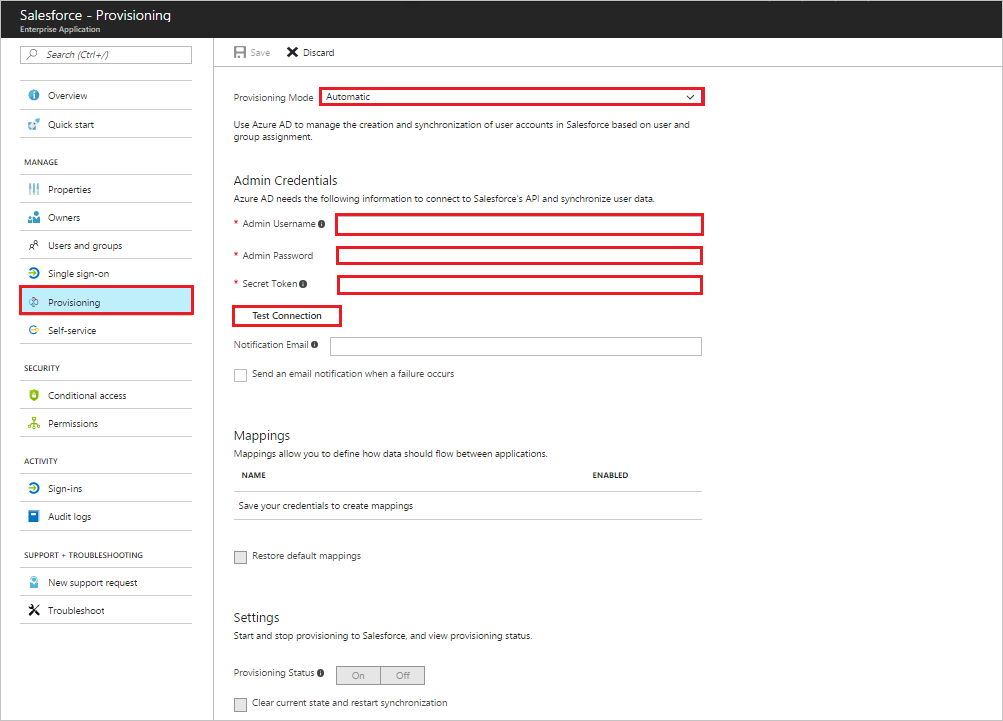 Screenshot shows the Salesforce Provisioning page, with Provisioning Mode set to Automatic and other values you can set.