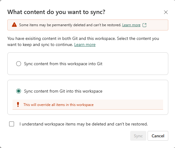 Screenshot of dialog asking which direction to sync if both Git and the workspace have content.