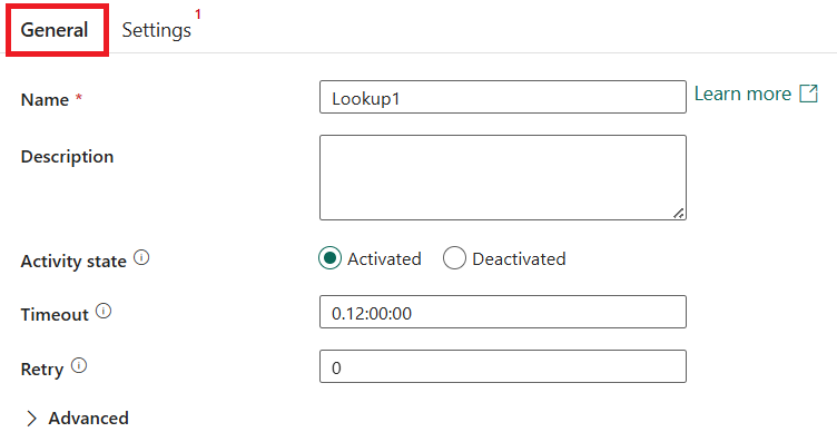 Screenshot showing the General settings tab of an activity.