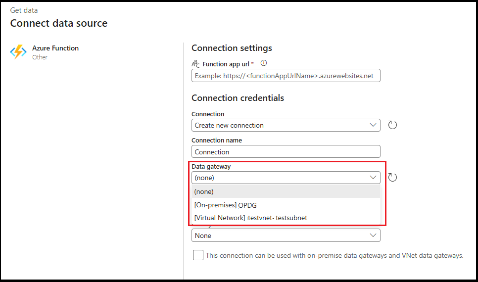 Screenshot showing the data gateway connection dialog for the Azure Function activity.