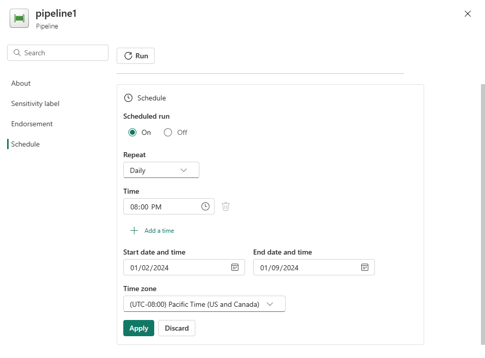 Screenshot showing the schedule configuration for a pipeline to run daily at 8:00 PM until the end of the year.