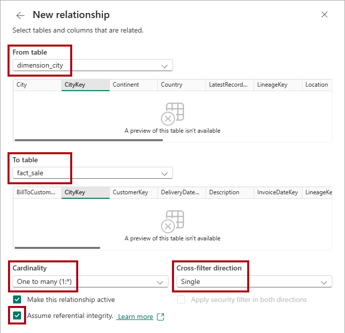 Screenshot of the New relationship window, highlighting the settings.