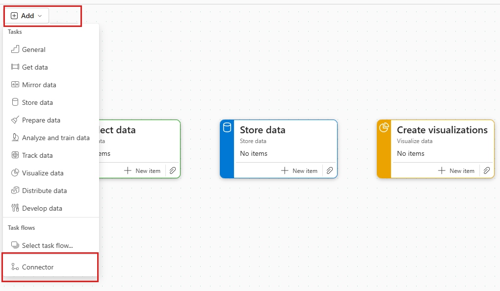 Screenshot showing how to create a connector using the add menu.