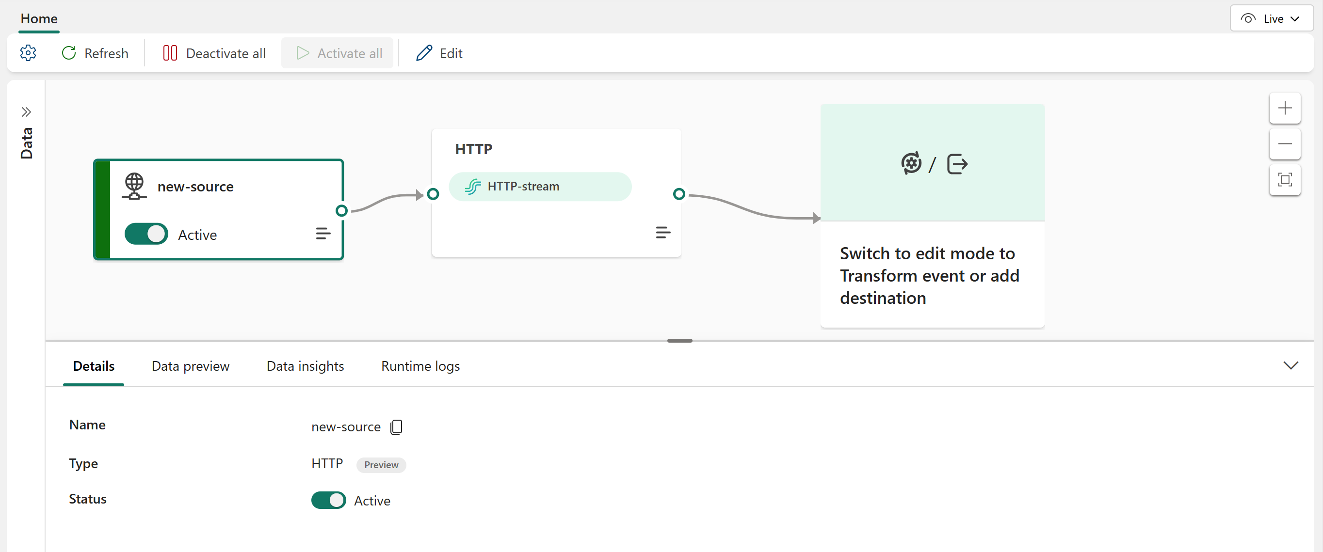 A screenshot of the added HTTP source in Live view with the Publish button highlighted.