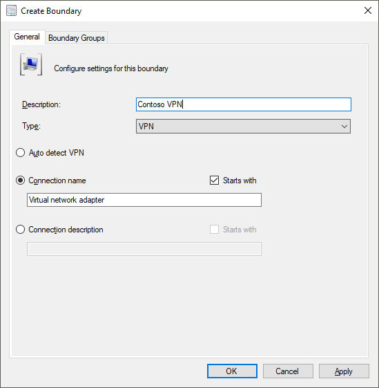 Create Boundary window showing options for Connection Name and Starts With.