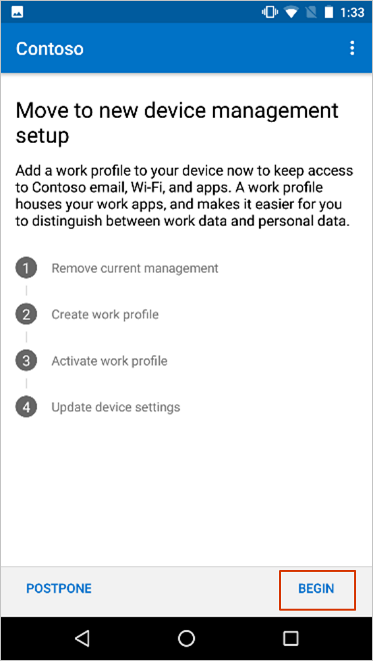 The Move to new device management setup screen, highlighting the begin button.