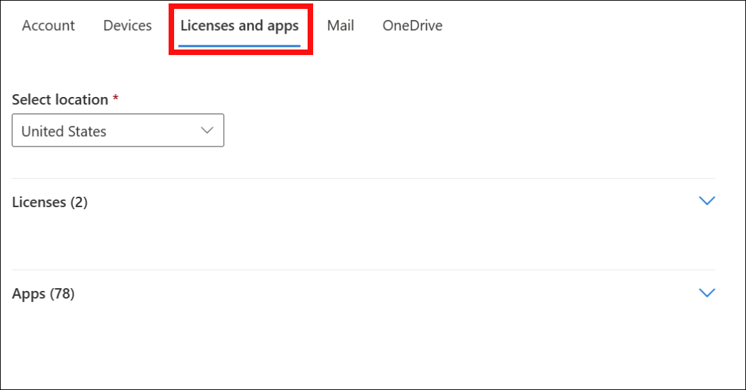 Screenshot of licenses and apps section in M365 Admin Center.
