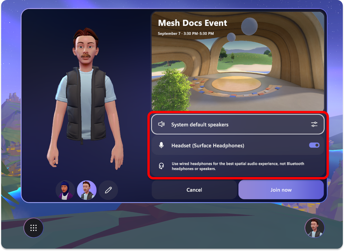 Device settings adjustment  inside pre-join window for Mesh event.