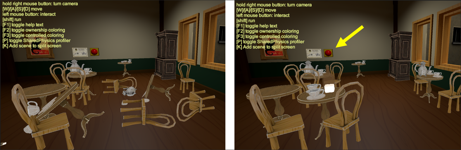 Two-part screen shot of a room with furniture in disarray and then the same room with furniture back in place.