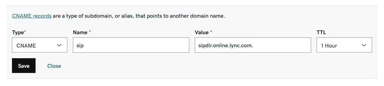 Fill in the values from the table for the CNAME records for Microsoft Teams.