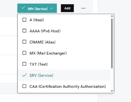 Screenshot showing SRV selected from the Type drop-down list.