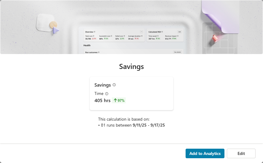 Screenshot of estimated savings on a per run basis for an autonomous agent.