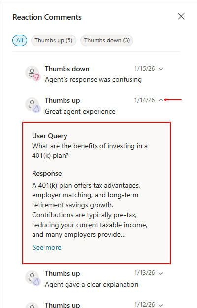 Screenshot of expand-collapse toggle on Reactions panel showing user query and response.