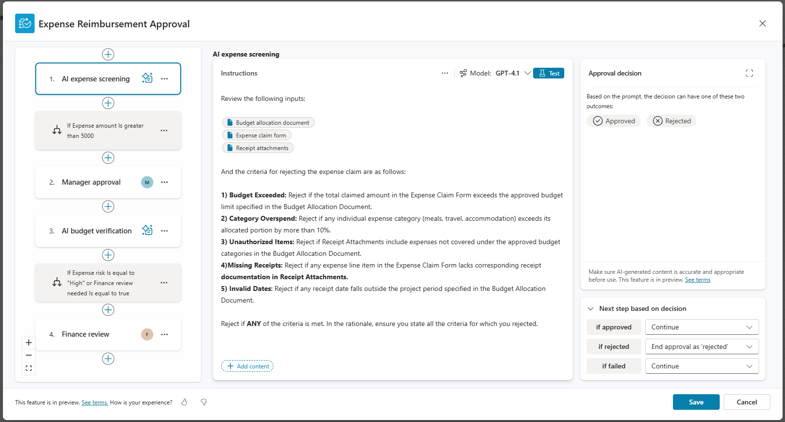 Screenshot of a complete approval process diagram with four stages and a condition check. The AI stage instructions are displayed.