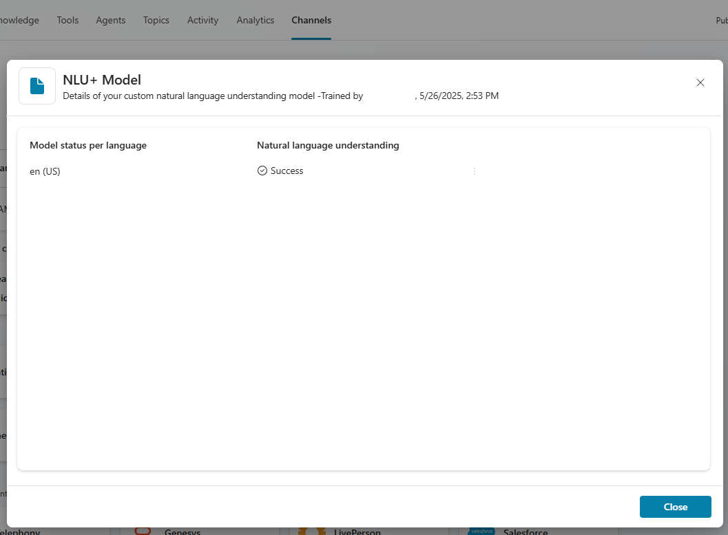 Screenshot of the NLU+ model training dialog.