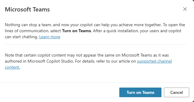 Screenshot of the configuration panel for the Microsoft Teams channel, in its initial state, with the Turn on Teams button available.
