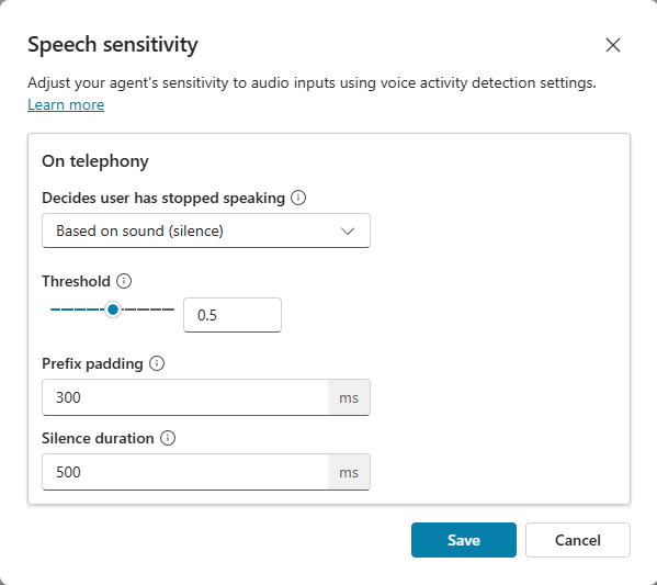 Screenshot of the Speech sensitivity dialog when set to Based on sound (silence).