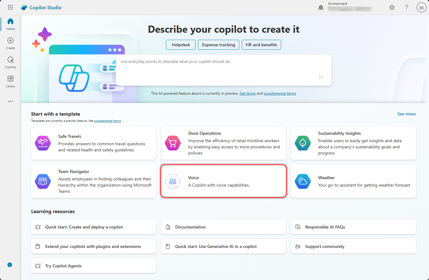 Screenshot of the Copilot Studio landing page, highlighting the Voice template option.
