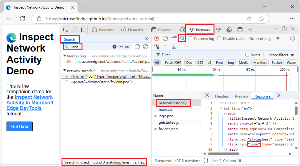 The Search tab on the right in the Network tool
