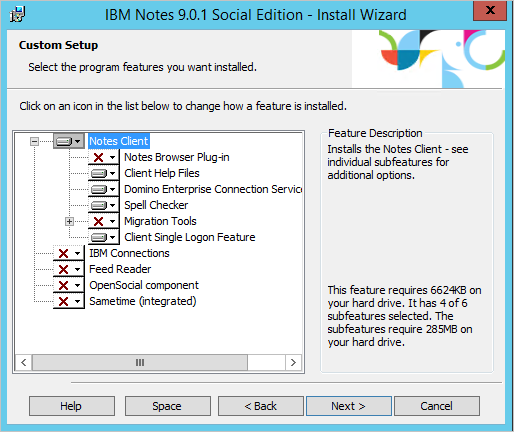 screenshot of IBM Notes install wizard custom setup