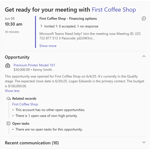 Screenshot showing opportunity summary in meeting preparation card